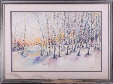 Vintage Impressionist Watercolor On Paper "Trees In Winter"