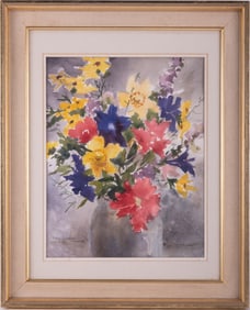 Vintage Impressionist Watercolor On Paper "Flowers In Vase"