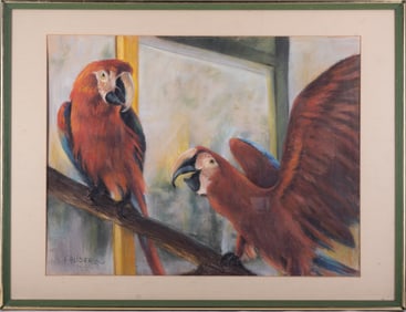 Early 20th C. Impressionist Pastel On Paper "Parrots"