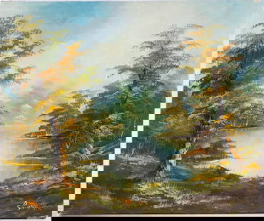Vintage Scenic Oil On Canvas "Lake Landscape": Title: Lake LandscapeMedium: Oil On CanvasSize: 20 x 24 inchesAge: VintageCondition: Great Overall AllSignature: SignedProvenance:Collection From Glen CoveCombined shipping rate available. For afforda