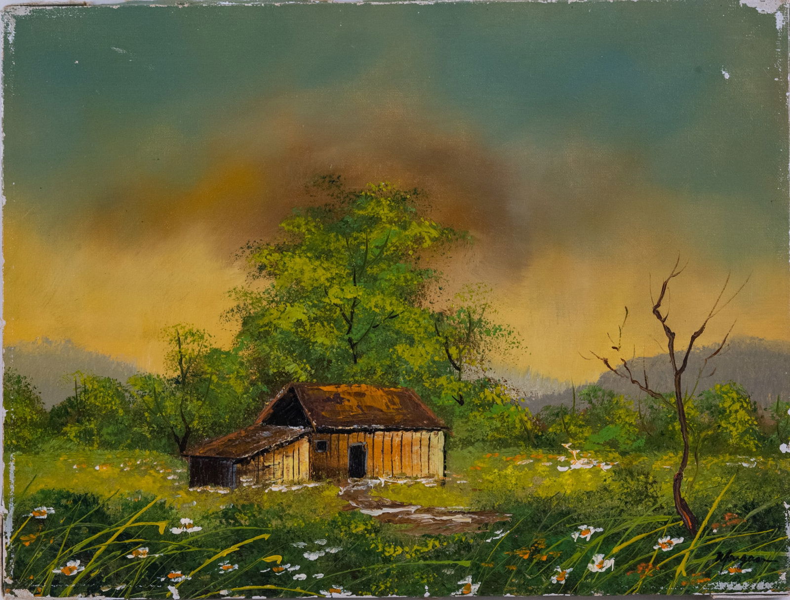 Vintage Scenic Oil On Canvas "Country Cabin" (1 of 5)