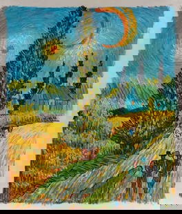 After Van Gogh Acrylic On Canvas "Road With Cypress And Star": Title: Road With Cypress And StarMedium: Acrylic On CanvasSize: 24 x 20 inchesCondition: Great, hand painted, please check photo for condition referenceProvenance:Private Estate in JamaicaCombined shi