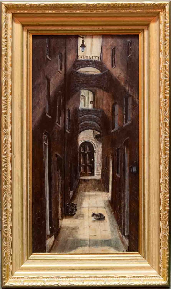Vintage Impressionist Oil On Masonite "Cat In The Alley": Title: Cat In The AlleyMedium: Oil On MasoniteSize: 16 x 8 inchesFrame: 20 x 12 inchesAge: VintageCondition: Great, hand painted, please check photo for condition referenceProvenance:Combined shipping