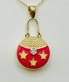 14KT Yellow Gold Natural Diamond Elegant Round Purse with Pink Enamel Pendant and Chain # 2063