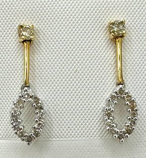 18KT White and Yellow Gold Pair of Natural Diamond Drops Earrings # 2077: # 2077 18KT White and Yellow Gold Pair of Natural Diamond Drops Earrings 26 Pieces Diamond 0.43 carat(t.w.) Earrings Weight: 2.40 grams Push backs Earrings size: 20 mm x 6.20 mm