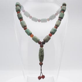 Antique Chinese Tibetan Green Agate Dzi Bead Necklace