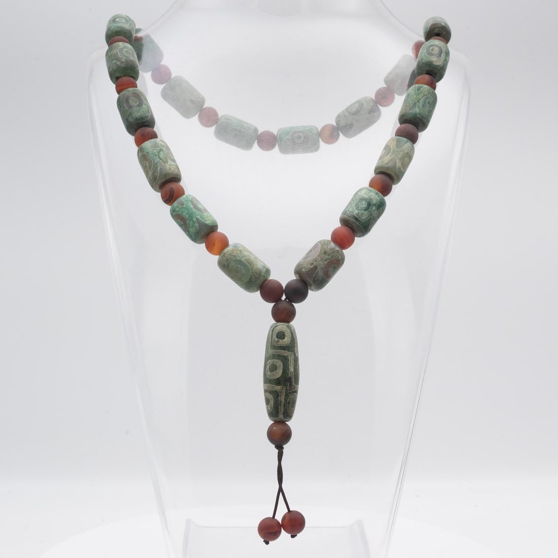 Antique Chinese Tibetan Green Agate Dzi Bead Necklace