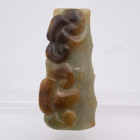 A Hand Carved Chinese Natural Green Jadeite Bamboo Ruyi Pendant