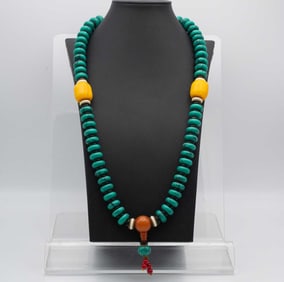 Antique Chinese Tibetan Turquois, Amber, And Red Coral Large Bead Necklace