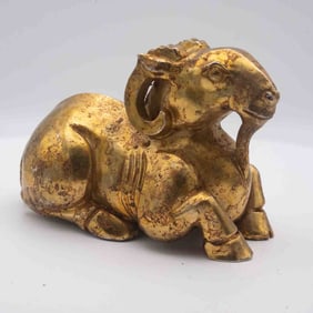 Antique Chinese Gilt Over Jade Ram Figure