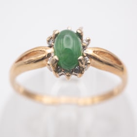 14K Gold Natural Glassy Green Jadeite And Diamond Ring