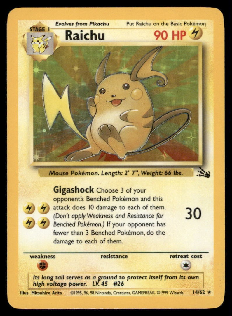 Raichu (14) Fossil #14/62 Holo Pokemon Card: We offer combined shipping on multiple items. Buyers may also arrange their own shipping. LiveShipping is a separate and independent option for shipping that is NOT a part of the auction house or thei