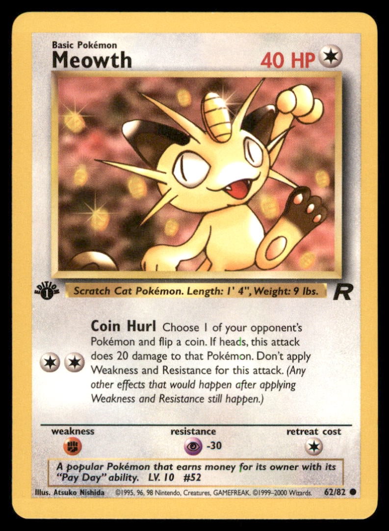 Meowth 1st Ed. Rocket Pokemon Card: We offer combined shipping on multiple items. Buyers may also arrange their own shipping. LiveShipping is a separate and independent option for shipping that is NOT a part of the auction house or thei