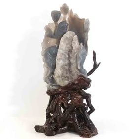 Large Chinese Natural Blue Agate And Quartz Fishes And Lotus Sculpture With Stand