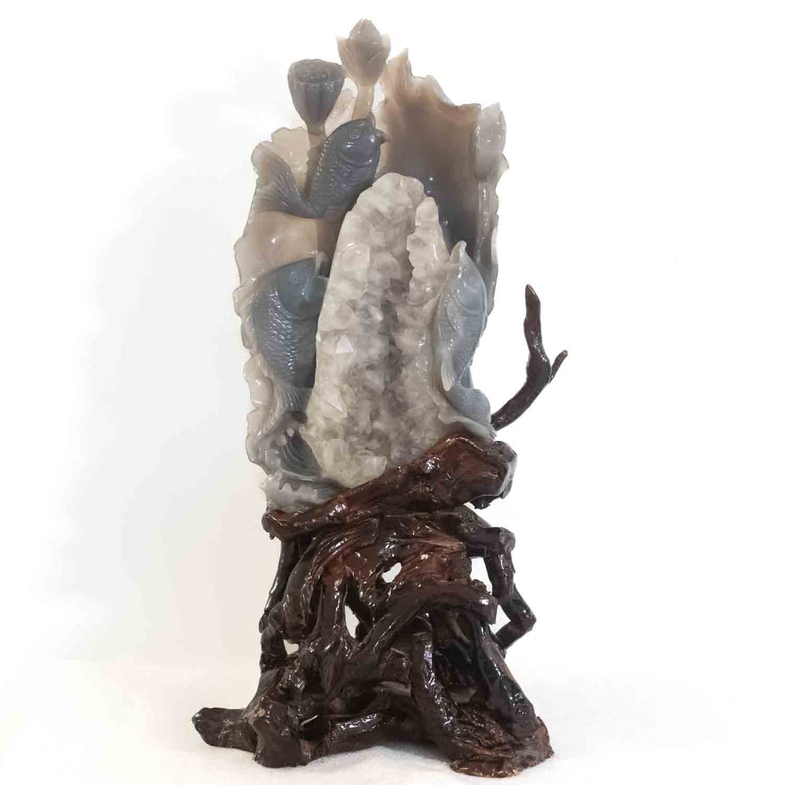 Large Chinese Natural Blue Agate And Quartz Fishes And Lotus Sculpture With Stand