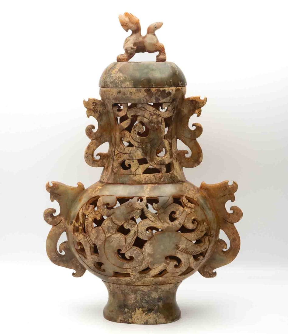Antique Chinese Open Work Carved Jade Urn With Lid: Medium: Jade Size: 11x7.5x3 inches Age/Detail: Antique Chinese Open Work Carved Condition: Great, check photo for condition reference Provenance: Collection from Estate in Tribecca Please view all the