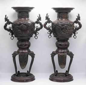 A Pair Of Fine Japanese Meiji Period Bronze Temple Koro Censer Burner