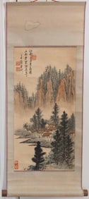 Old Chinese Traditional Scroll Watercolor On Paper "Mountain River Landscape"