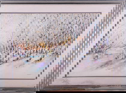 Vintage Impressionist Watercolor On Paper "Trees In Winter": Title: Trees In Winter Medium: Watercolor On Paper Size: 14.5 x 22 inches Frame: 20 x 27.5 inches Age: Vintage Condition: painting is in excellent condiiton. no damage on the artwork but there are wat