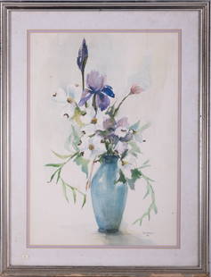 1956 Impressionist Watercolor On Paper "Flowers In Vase": Title: Flowers In Vase Medium: Watercolor On Paper Size: 21 x 15 inches Frame: 27.5 x 21.5 inches Age: 1956 Condition: Painting is in excellent condition. Frame has a some flaking on bottom Signature: