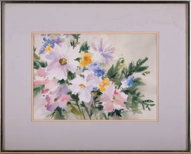 1975 Impressionist Watercolor On Paper "White Flowers": Title: White Flowers Medium: Watercolor On Paper Size: 9 x 13 inches Frame: 16 x 20 inches Age: 1975 Condition: Painting is in excellent condition Signature: Signed Artist: Elise Gardiner? Great for c
