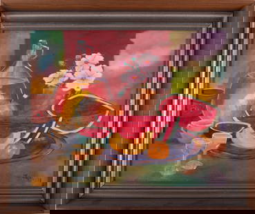 Vintage Modernist Oil On Canvas "Fruits": Title: Fruits Medium: Oil On Canvas Size: 16 x 20 inches Frame: 20 x 24 inches Age: Vintage Condition: Item is in excellent condition. Signature: Raquel, 78 Great for collection or home decoration. Pr