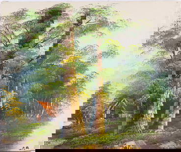 Vintage Scenic Oil On Canvas "House Next To Tree": Title: House Next To Tree Medium: Oil On Canvas Size: 20 x 24 inches Age: Vintage Condition: Great Overall All Signature: Signed Great for collection or home decoration. Provenance: Collection From Gl