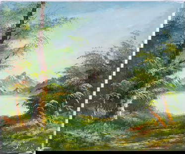 Vintage Scenic Oil On Canvas "Forest Near Mountain": Title: Forest Near Mountain Medium: Oil On Canvas Size: 20 x 24 inches Age: Vintage Condition: Great Overall All Signature: Signed Great for collection or home decoration. Provenance: Collection From