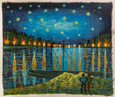 After Van Gogh Acrylic On Canvas "Starry Night Over The Rhone": Title: Starry Night Over The Rhone Medium: Acrylic On Canvas Size: 24 x 20 inches Condition: Great, hand painted, please check photo for condition reference Provenance: Private Estate in Jamaica Combi