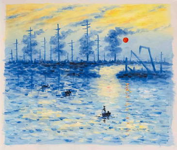 After Claude Monet Acrylic On Canvas "Impression": Title: Impression Medium: Acrylic On Canvas Size: 24 x 20 inches Condition: Great, hand painted, please check photo for condition reference Provenance: Combined shipping rate available. For affordable