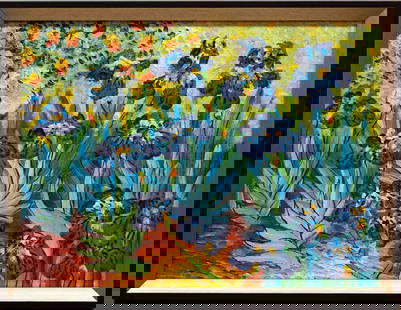 After Van Gogh Acrylic On Canvas "Irises": Title: Irises Medium: Acrylic On Canvas Size: 16 x 12 inches Frame: 17 x 13 inches Age: Condition: Great, hand painted, please check photo for condition reference Provenance: Combined shipping rate av