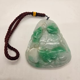 Natural Green & White Carved Jade Jadeite Plaque Medallion Pendant MING0011