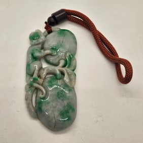 Natural Green & White Carved Jade Jadeite Monkey Plaque Medallion MING0015