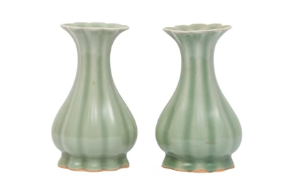 A PAIR OF CHINESE CELADON-GLAZED LOBED VASES 20th Century