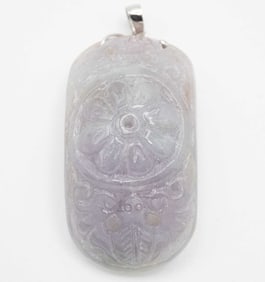 14k White Gold Latch Icy Lavender Jadeite Good Fortune Pendant Intricate Carving