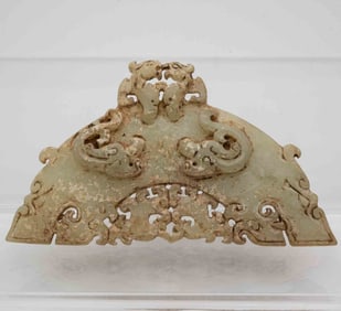 Old Chinese Carved Calcified Green Jade Double Dragon Bi