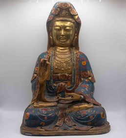 Antique Chinese Cloisonne Gilt Bronze Guanyin Bodhisattva Sculpture