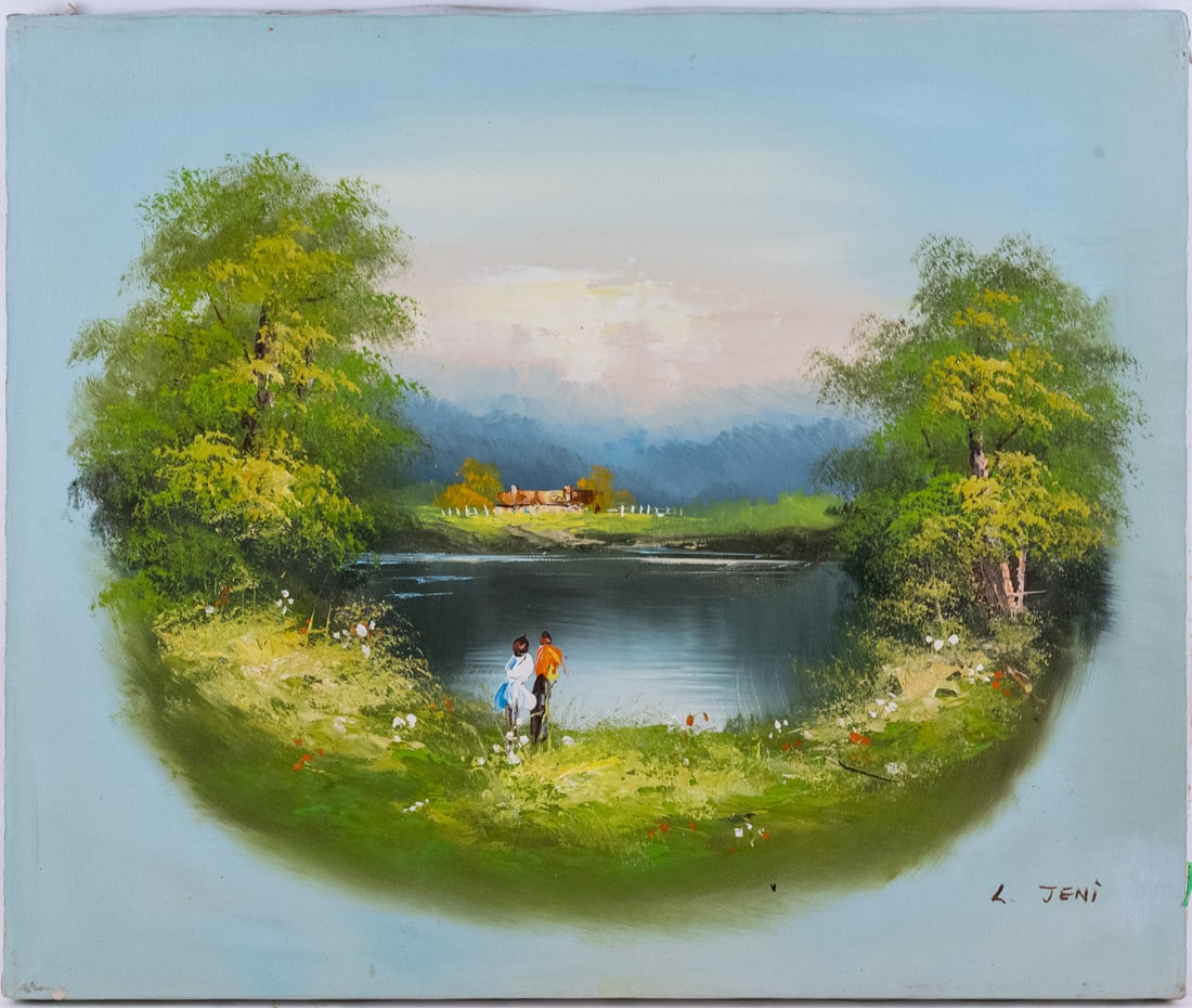 Vintage Scenic Oil On Canvas "Couple At lake" (1 of 5)