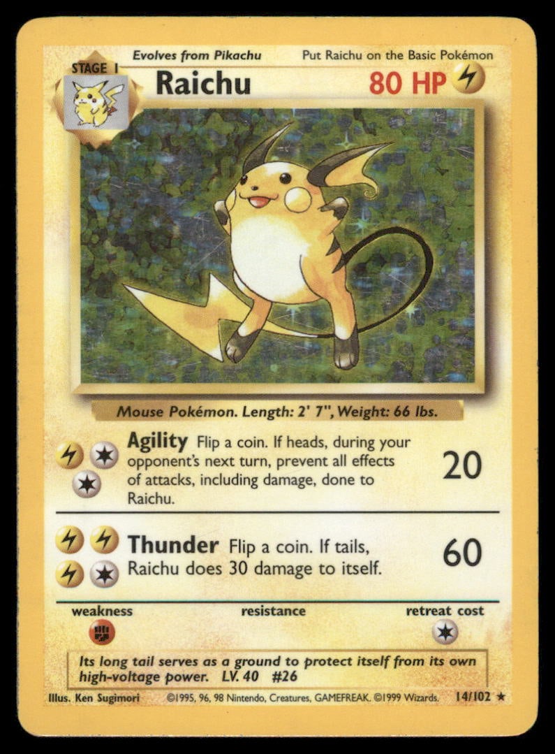Raichu Base Set #014/102 Holo Pokemon Card: Moderate / Heavy Play