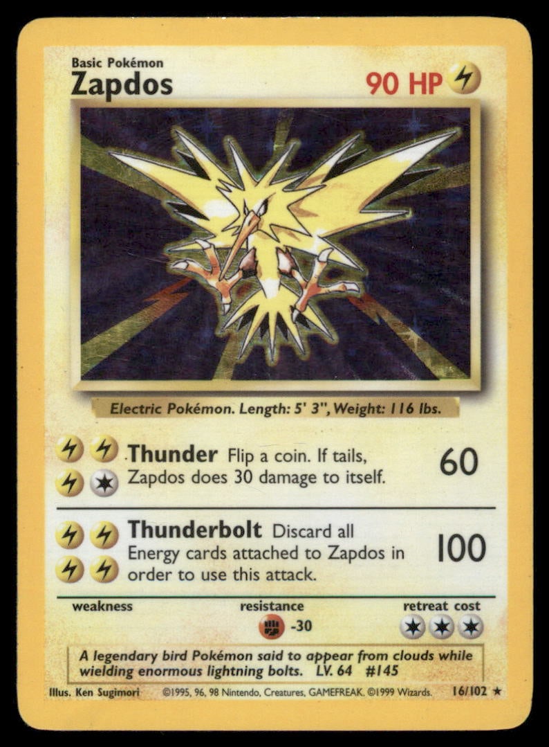 Zapdos Base Set #016/102 Holo Pokemon Card: Moderate / Heavy Play