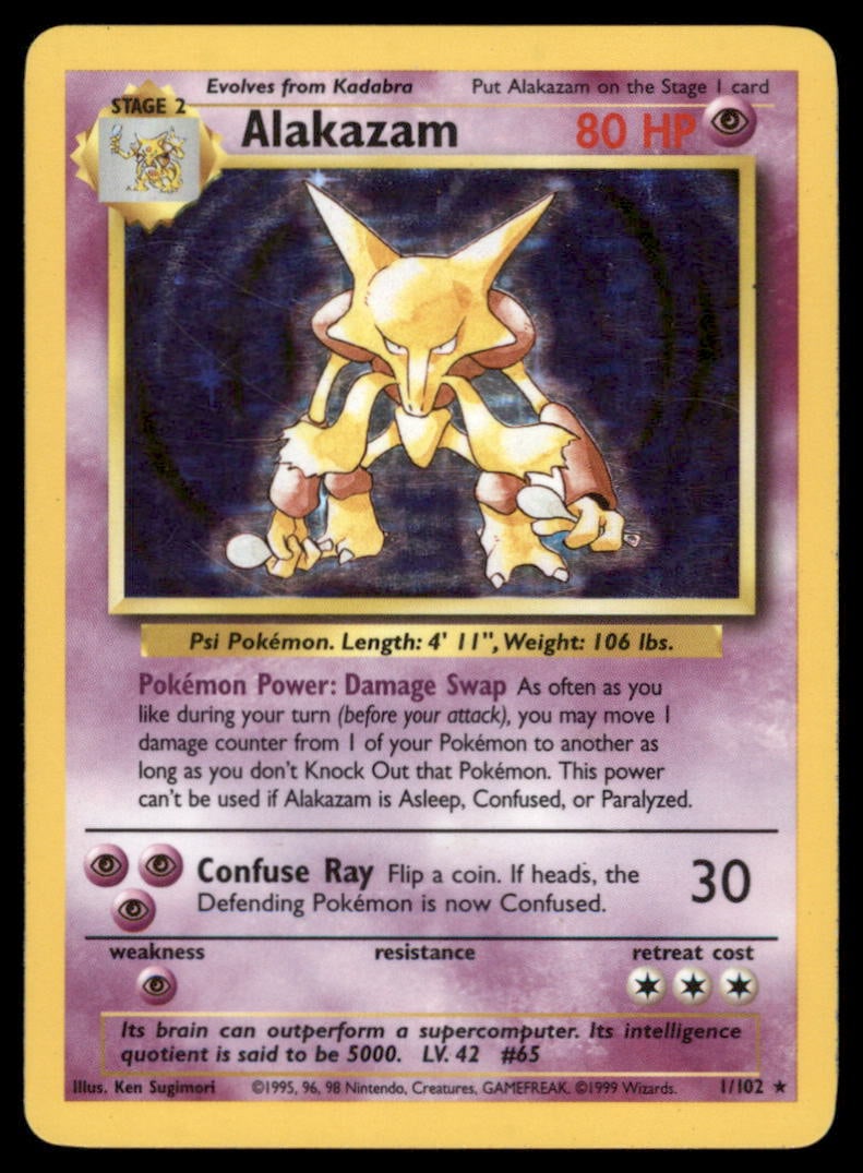 Alakazam Base Set #001/102 Holo Pokemon Card: Moderate / Heavy Play