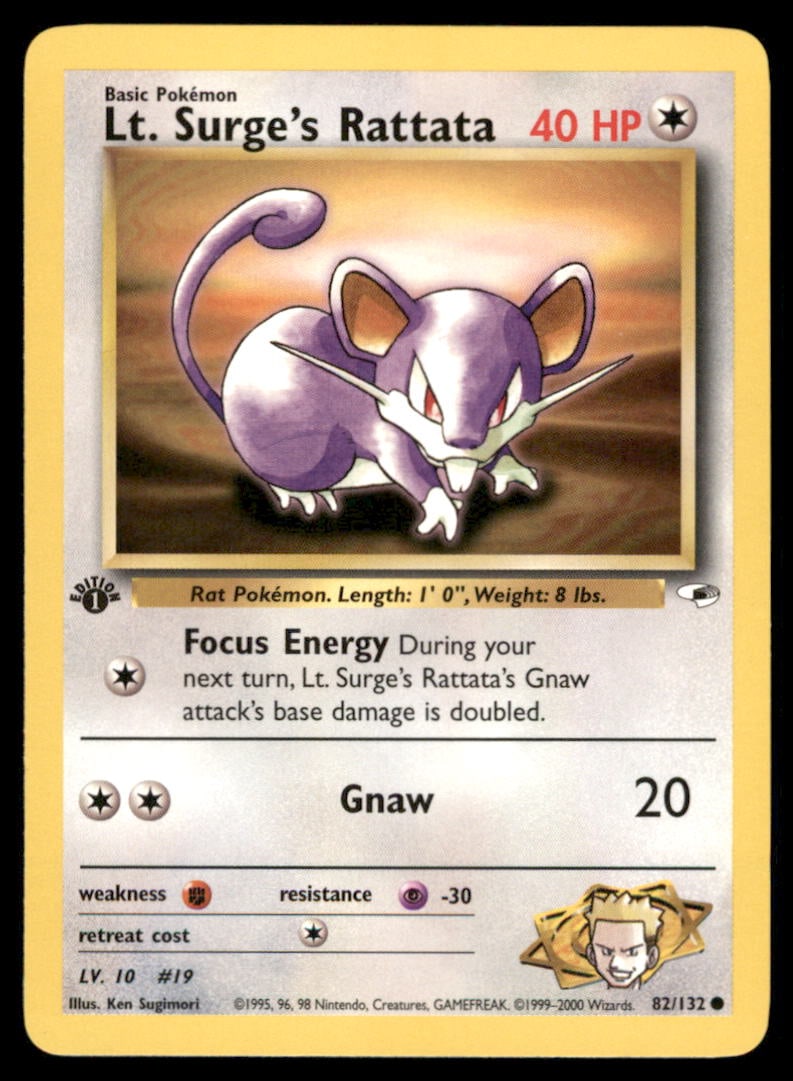 Lt. Surge's Rattata Gym Heroes #082/132 1st. ED. Pokemon Card: We offer combined shipping on multiple items. Buyers may also arrange their own shipping. LiveShipping is a separate and independent option for shipping that is NOT a part of the auction house or thei