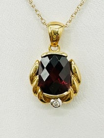 14KT Yellow Gold Natural Diamond Garnet Pendant and Chain # 2147