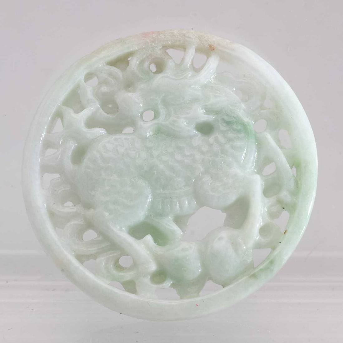 Chinese Carved Natural Jadeite Kirin Pendant: Medium: Natural Jadeite Size: 1.5x1.5x0.3 inches Age/Detail: Chinese Carved Condition: great overall, check photo for condition reference. Provenance: Collection from Estate in Tribecca LiveShipping i