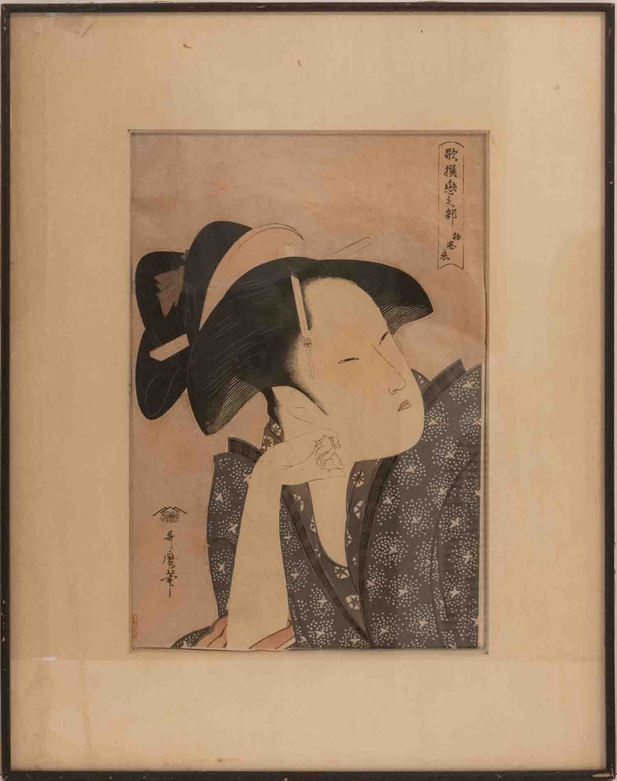 Antique 1800s Kitagawa Utamaro Ukiyo-e Woodblock On Paper "Reflective Love": Title: Reflective Love Medium: Woodblock On Paper Size: 14.5 x 10 inches Frame: 25.5 x 21 inches Age: Antique 1800s Condition: Great, please check photo for condition reference Provenance: Estate in T