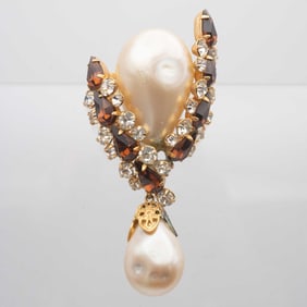 Vintage Bejeweled And Pearl Brooch With Box