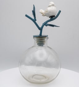 Vintage Round Perfume Bottle with Metal Leaf Porcelain Bird Stopper