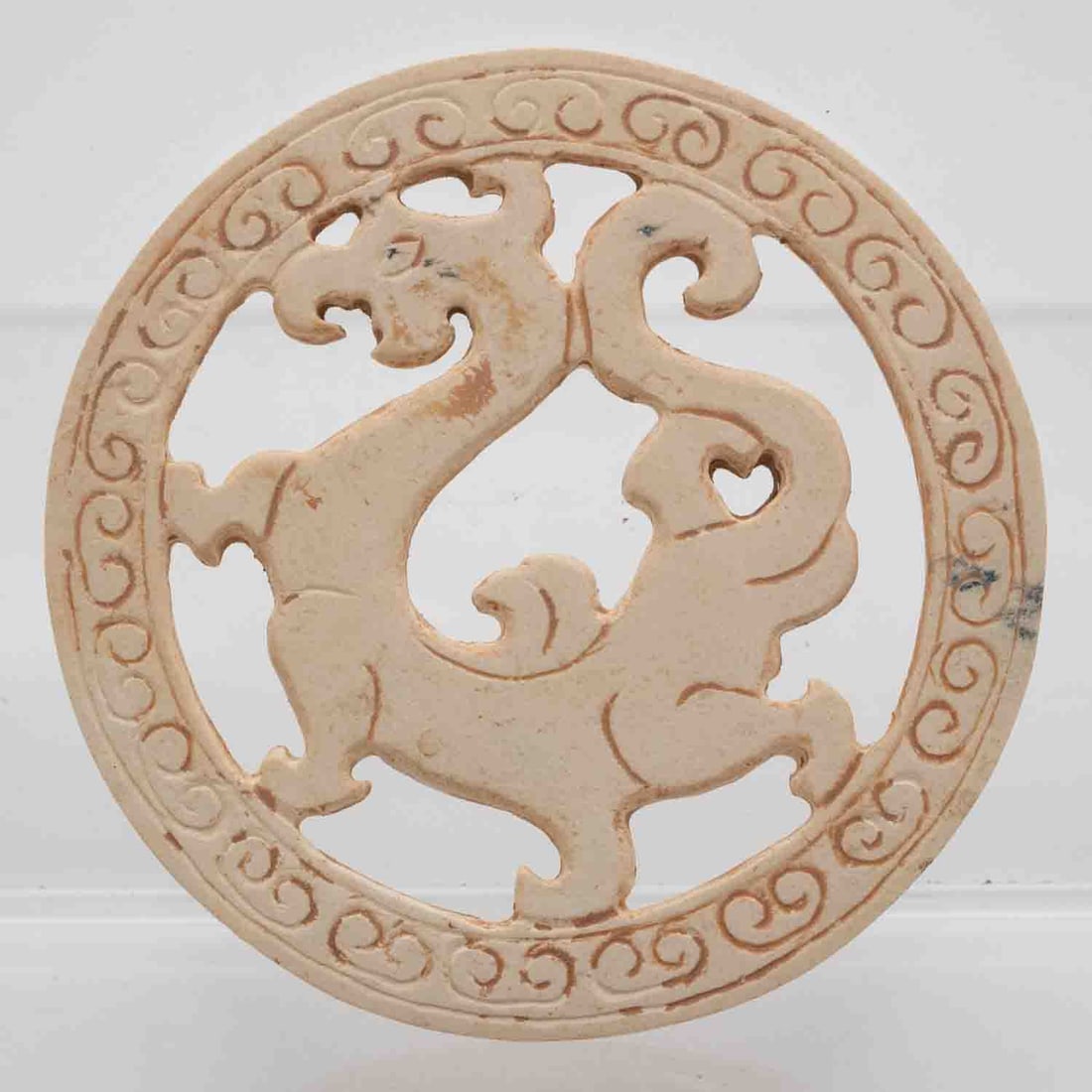 Chinese Carved Calcified Jade Dragon Round Ornament (1 of 4)
