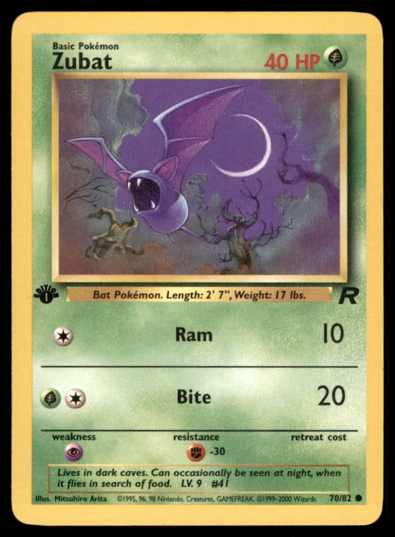 Zubat 1st Ed. Rocket Pokemon Card: We offer combined shipping on multiple items. Buyers may also arrange their own shipping. LiveShipping is a separate and independent option for shipping that is NOT a part of the auction house or thei