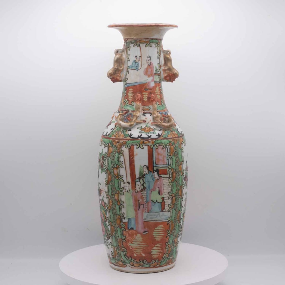 Antique Chinese Export Rose Medallion Court Scene Vase: Medium: Rose Medallion Size: 12x4.5x4.5 inches Age/Detail: Antique Chinese Export Condition: great overall, check photo for condition reference. Provenance: Collection from Estate in Tribecca LiveShip